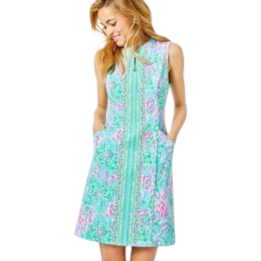 Lilly Pulitzer Mint Floral Zip-Front Sleeveless Dress